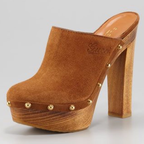 Gucci Shoes - Gucci Joplin Platform Tan Clogs w/ Gold Studs